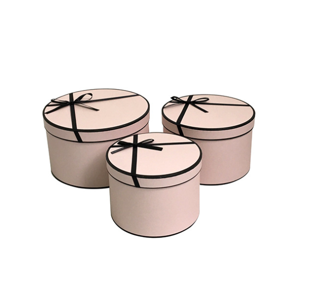 White Black Pink Red Round Flower Rose Paper Packaging Hat Box 3 Set Rigid Florist Cylinder of 3 with White Black Edge Ribbon Decoration