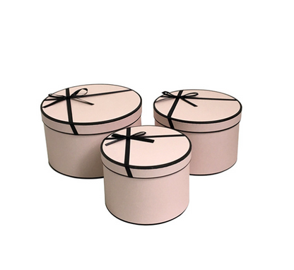 White Black Pink Red Round Flower Rose Paper Packaging Hat Box 3 Set Rigid Florist Cylinder of 3 with White Black Edge Ribbon Decoration