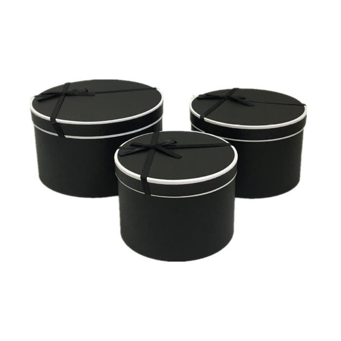 White Black Pink Red Round Flower Rose Paper Packaging Hat Box 3 Set Rigid Florist Cylinder of 3 with White Black Edge Ribbon Decoration