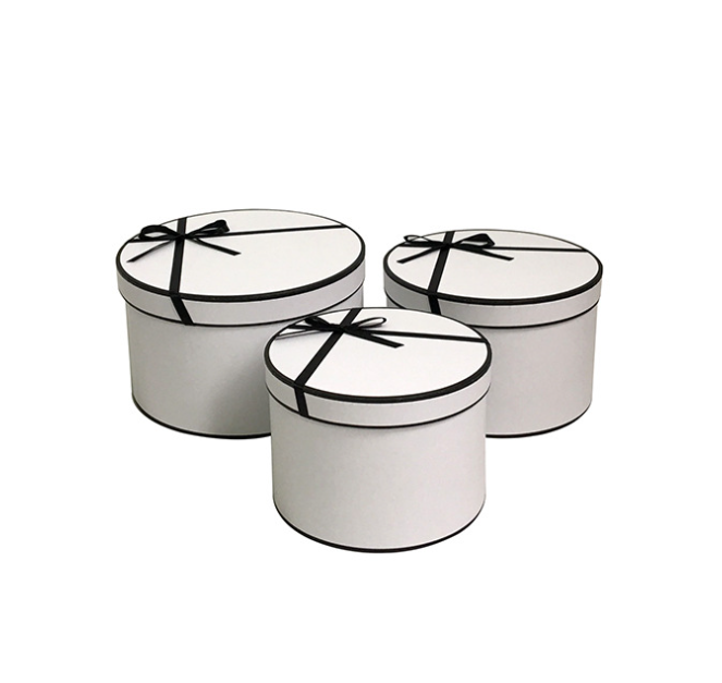 White Black Pink Red Round Flower Rose Paper Packaging Hat Box 3 Set Rigid Florist Cylinder of 3 with White Black Edge Ribbon Decoration