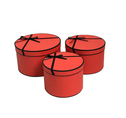 White Black Pink Red Round Flower Rose Paper Packaging Hat Box 3 Set Rigid Florist Cylinder of 3 with White Black Edge Ribbon Decoration