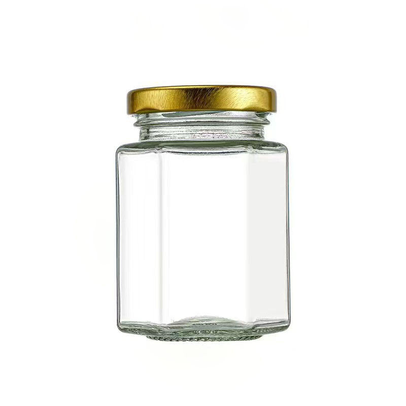 25 ml, 50 ml &  100 ml Hexagonal Glass Jars for Honey Gold & Silver Metal Lids Jar