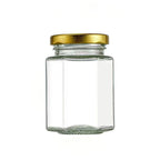 25 ml, 50 ml &  100 ml Hexagonal Glass Jars for Honey Gold & Silver Metal Lids Jar