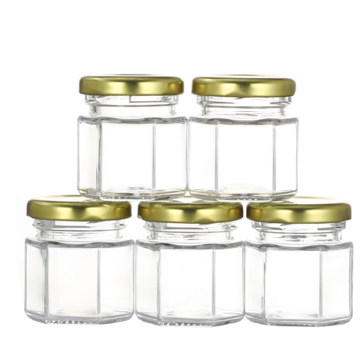 25 ml, 50 ml &  100 ml Hexagonal Glass Jars for Honey Gold & Silver Metal Lids Jar