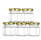25 ml, 50 ml &  100 ml Hexagonal Glass Jars for Honey Gold & Silver Metal Lids Jar