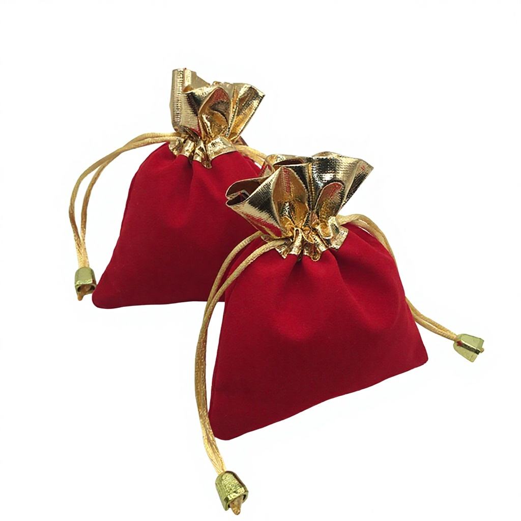 Red & Black Velvet Drawstring Bags with Golden Rim Jewelry Pouches for Earrings Stamping Wedding