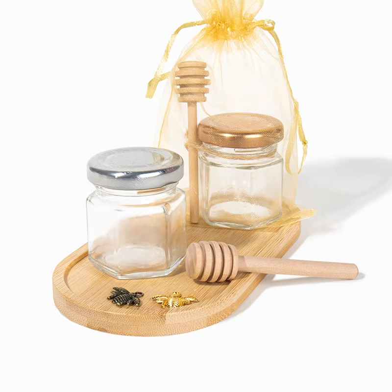 25 ml, 50 ml &  100 ml Hexagonal Glass Jars for Honey Gold & Silver Metal Lids Jar