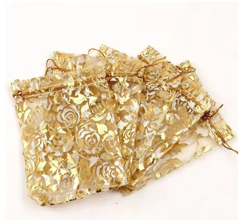 Organza Drawstring Bags Gold Rose & Silver rose