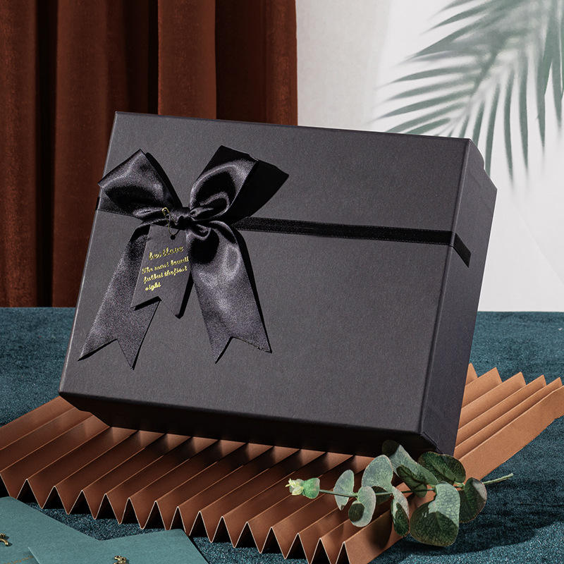 Black Card Rectangular Bow-Knot Large Size Lid-and-Base Souvenir Craft Gift Box set of 3 Pcs