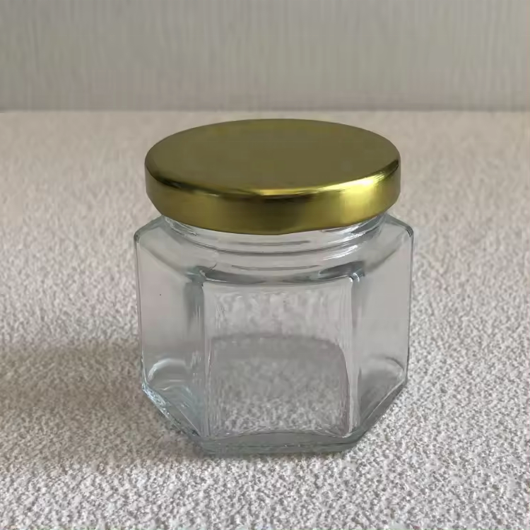 25 ml, 50 ml &  100 ml Hexagonal Glass Jars for Honey Gold & Silver Metal Lids Jar