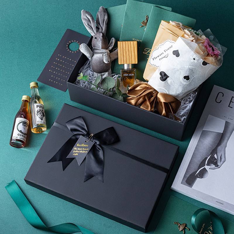 Black Card Rectangular Bow-Knot Large Size Lid-and-Base Souvenir Craft Gift Box set of 3 Pcs